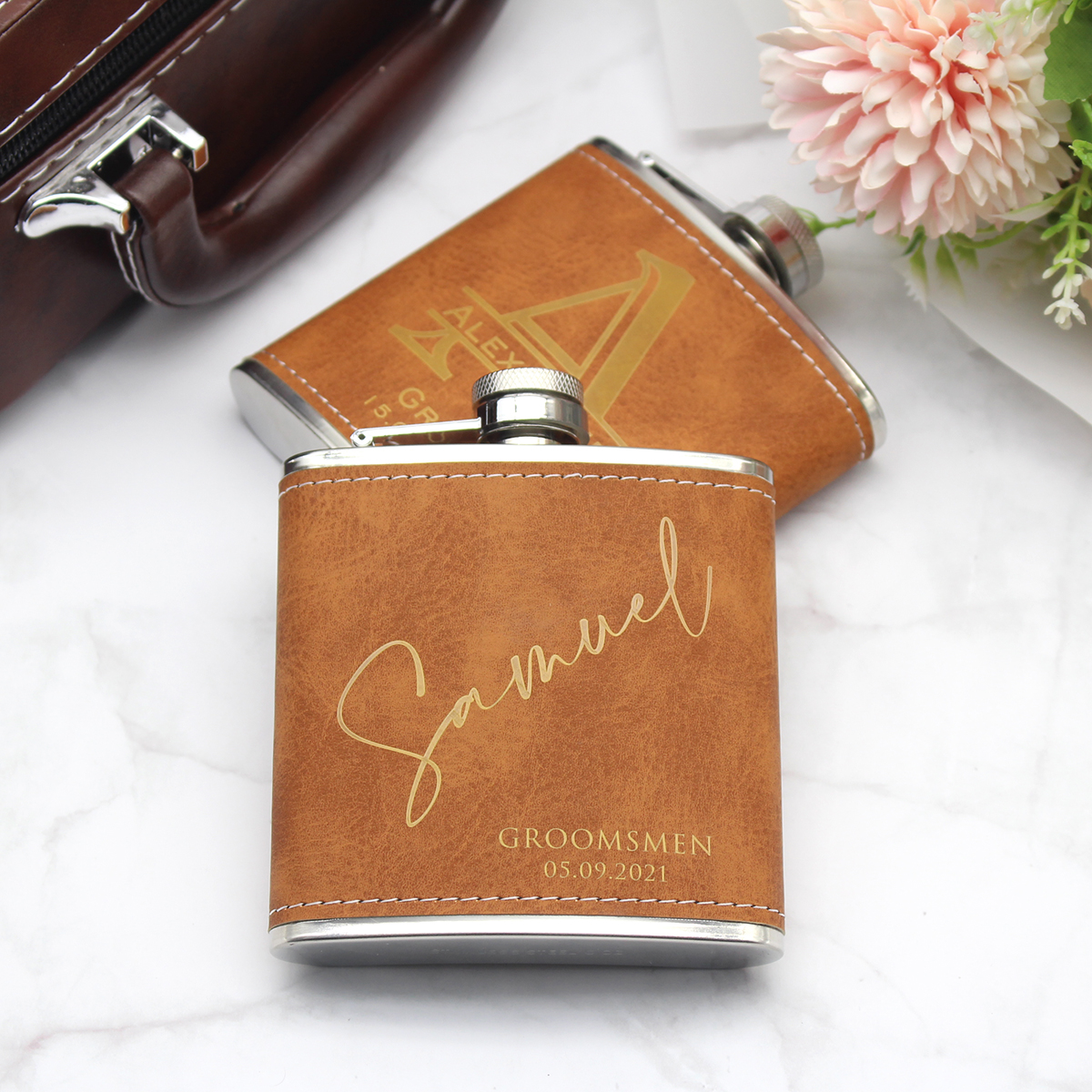 Men'S Grooming House - Personalized Flask 6oz Leather Hip Flask