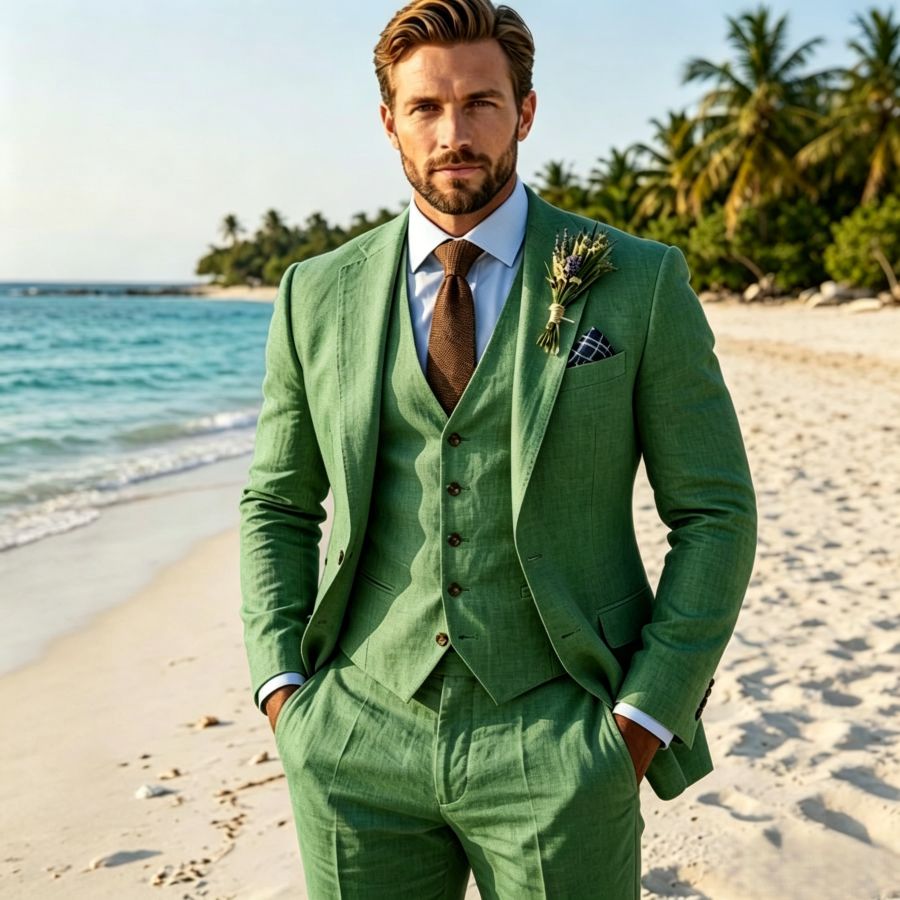 Beige Linen Wedding Suit 3 Pie - Men'S Grooming Room のレビューと価格
