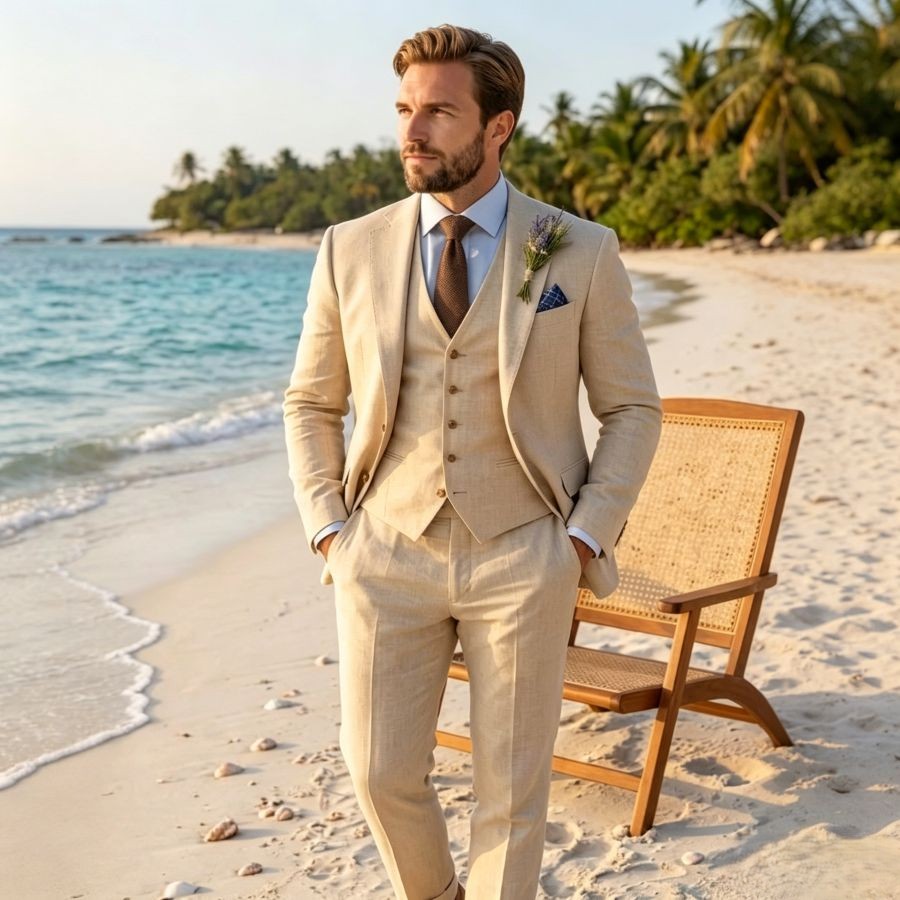 Beige Linen Wedding Suit 3 Pie - Men'S Grooming Room のレビューと価格