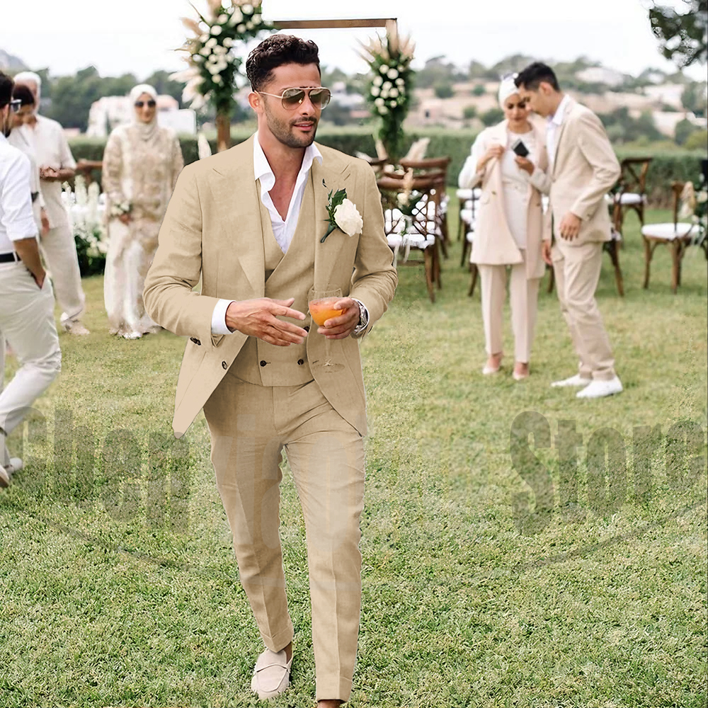 Summer Linen Men Suits 3 Piece - Men'S Grooming Room のレビューと価格