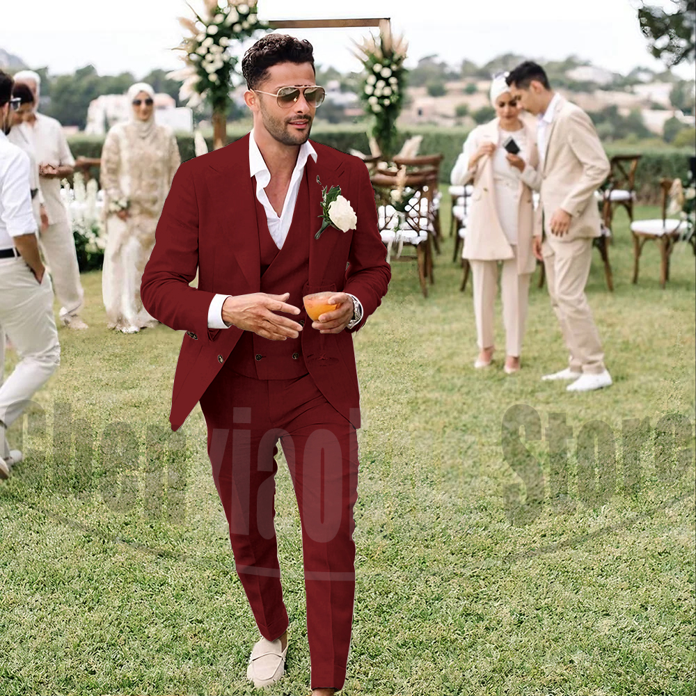 Summer Linen Men Suits 3 Piece - Men'S Grooming Room のレビューと価格